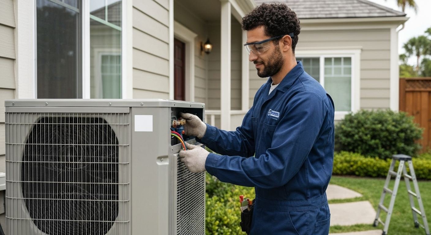 HVAC technician servicing an outdoor air-conditioning unit
